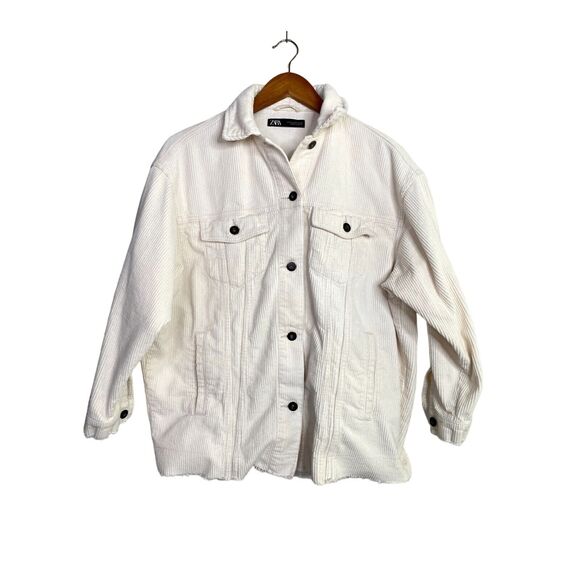 Zara Oversized Ribbed Corduroy Raw Hem Button Down Jacket Pockets XS Ivory #4129 - Picture 3 of 15